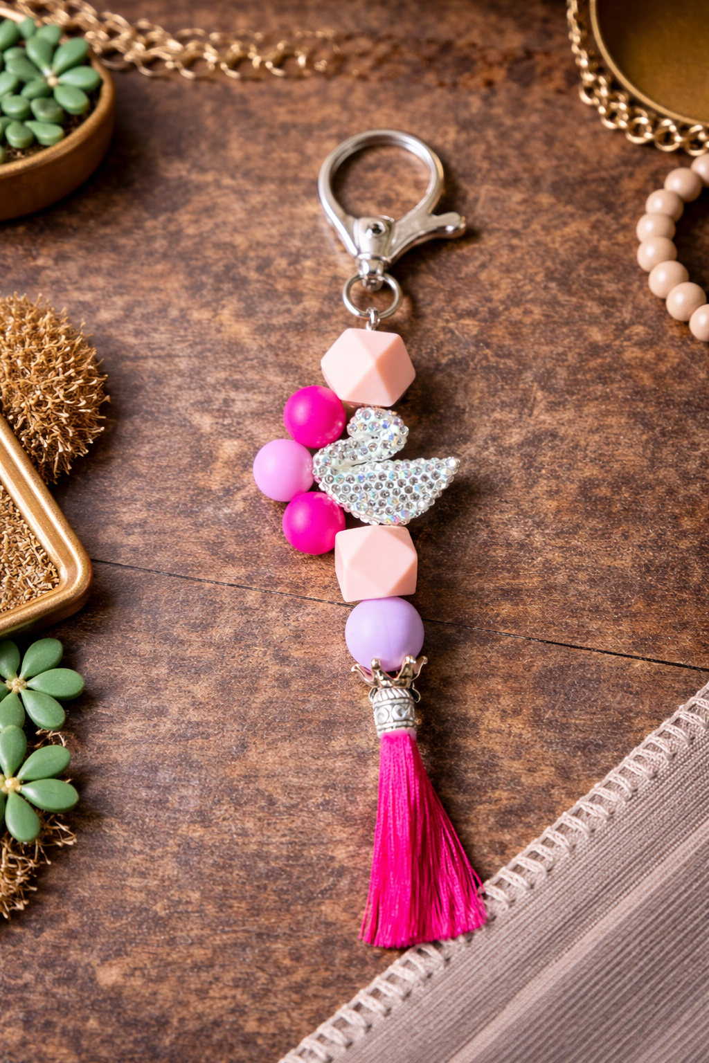 Pink Flamingo Keychain, Tassel, Summer Keychain, Gift for Her, Purse Charm - Crimson and Lace LLC