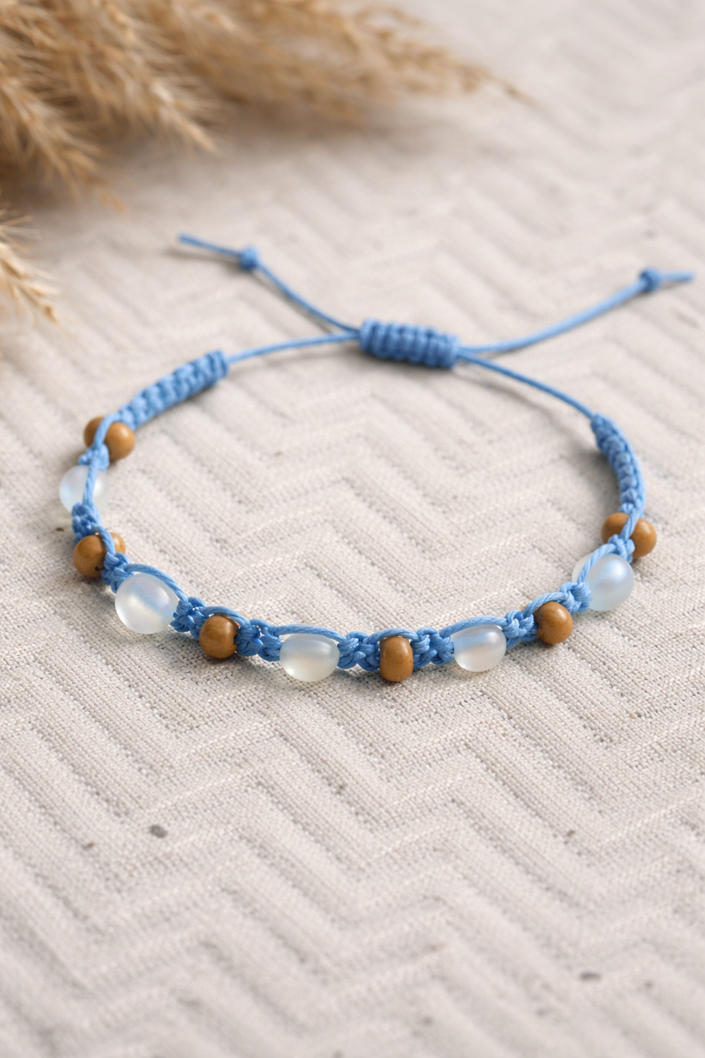 Blue Macrame with Beads, Adjustable Handmade Bracelet, Boho, Minimalist Jewelry - Crimson and Lace LLC