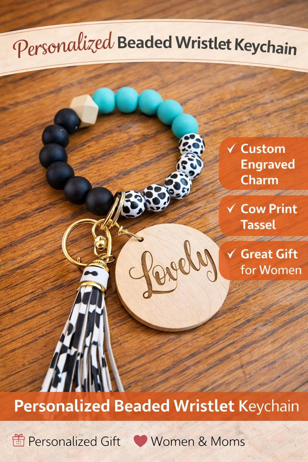 Personalized Beaded Wristlet Keychain | Cow Print Tassel Key Ring | Custom Wood Charm - Crimson and Lace LLC