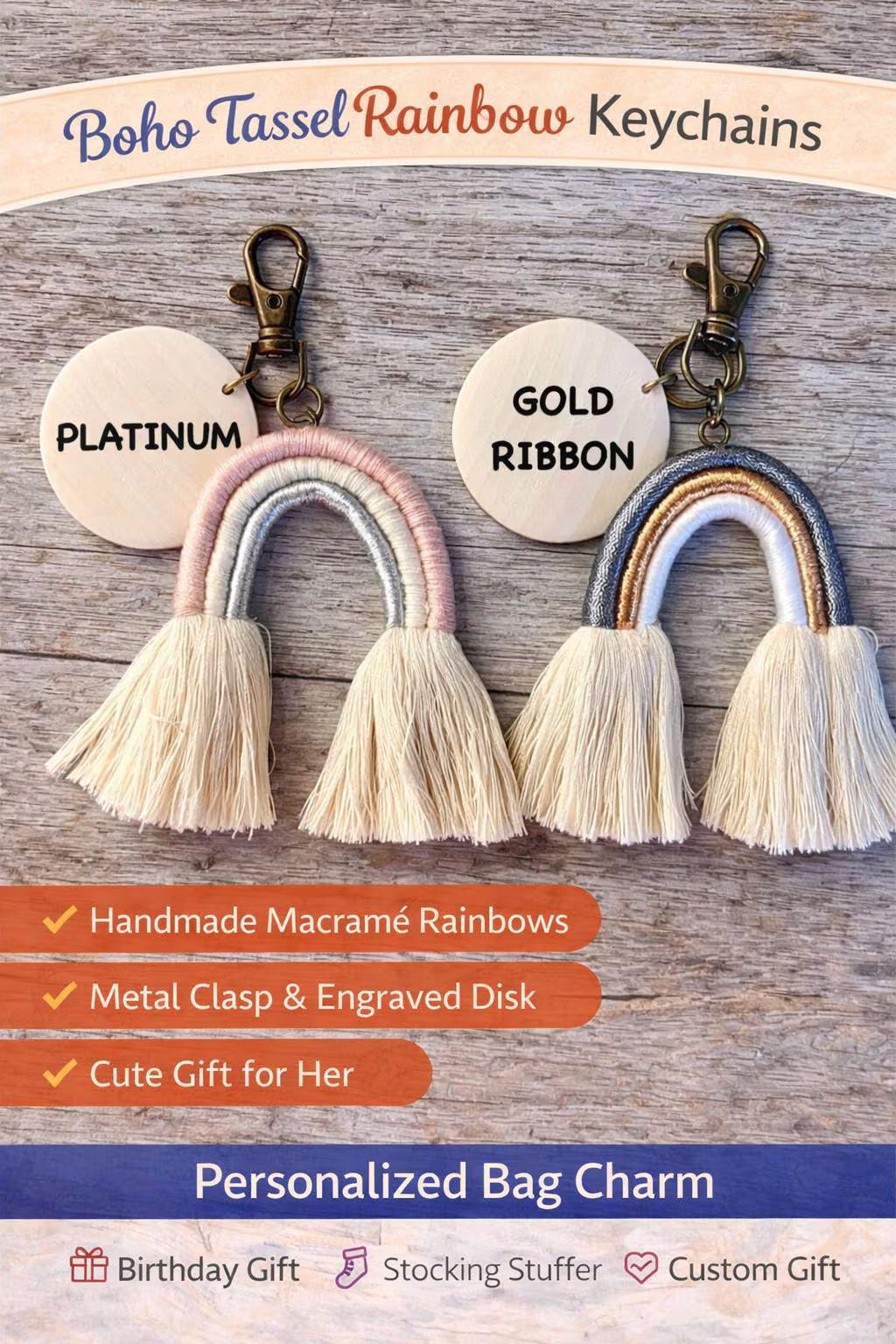 Gold Ribbon Boho Keychain with Tassel | Handmade Macramé Rainbow Keychain | Gift for Her | Personalized Charm - Crimson and Lace LLC