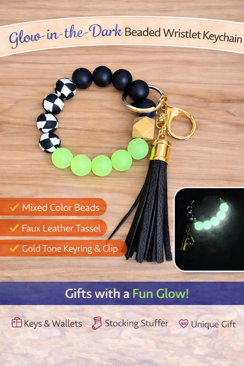 Glow in the Dark Beaded Wristlet Keychain | Black Checkered Beads | Tassel Keychain | Fun Gift for Women and Teens - Crimson and Lace LLC