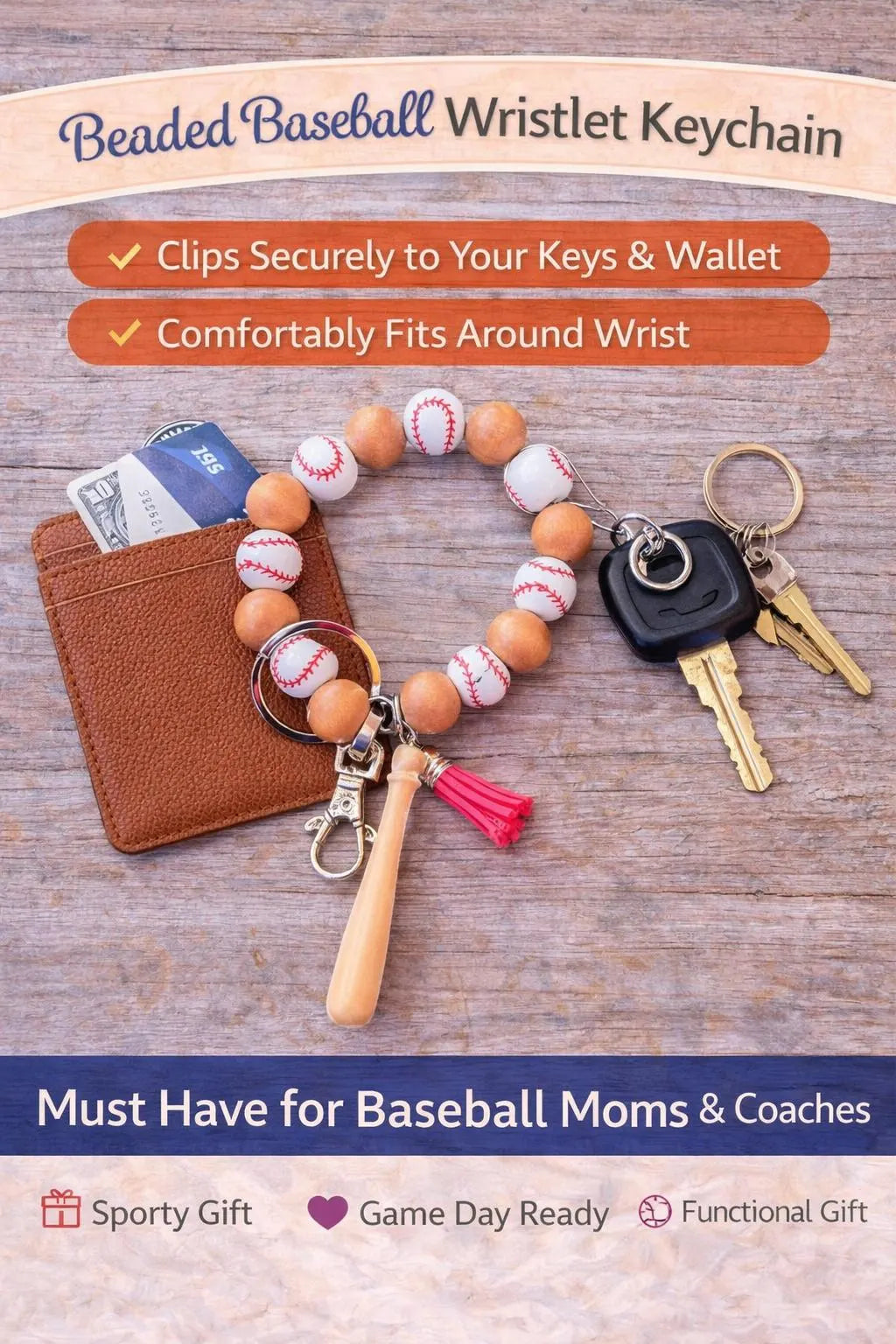 Baseball Beaded Keychain | Game Day Keychain Bracelet | Sports Wristlet with Bat Charm & Tassel - Crimson and Lace LLC