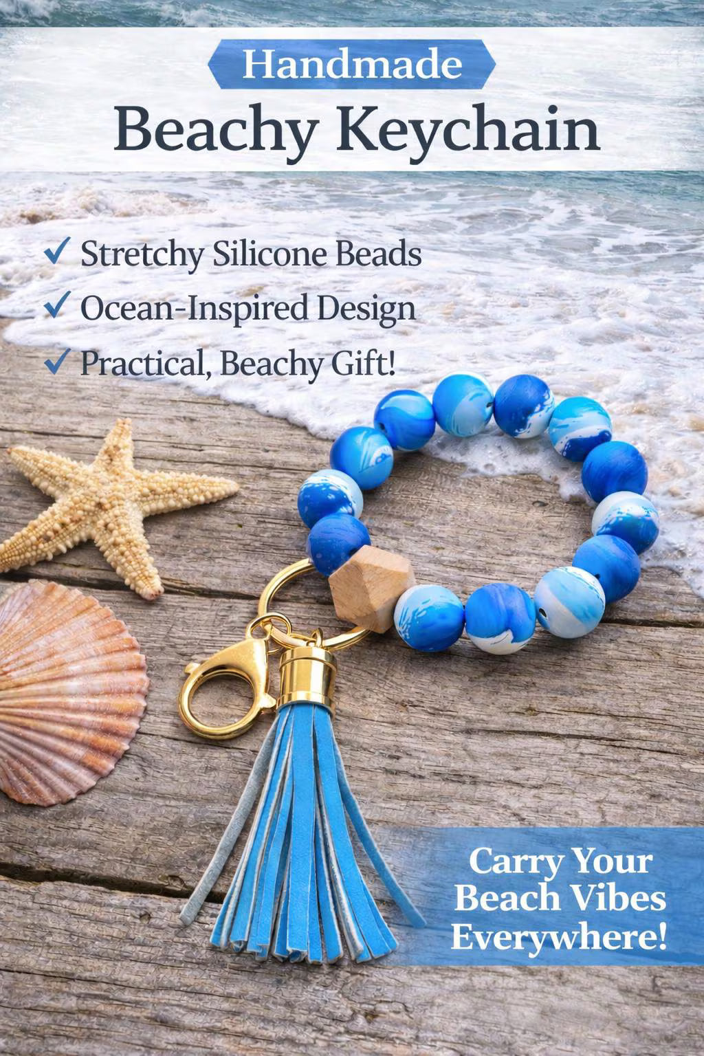 Blue Beachy Beaded Wristlet Keychain with Tassel | Ocean-Inspired Silicone Beads - Crimson and Lace LLC