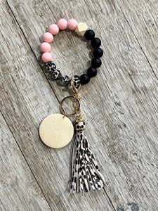 Leopard Silicone Beads Wristlet - Leopard Faux Leather Tassel - Crimson and Lace LLC
