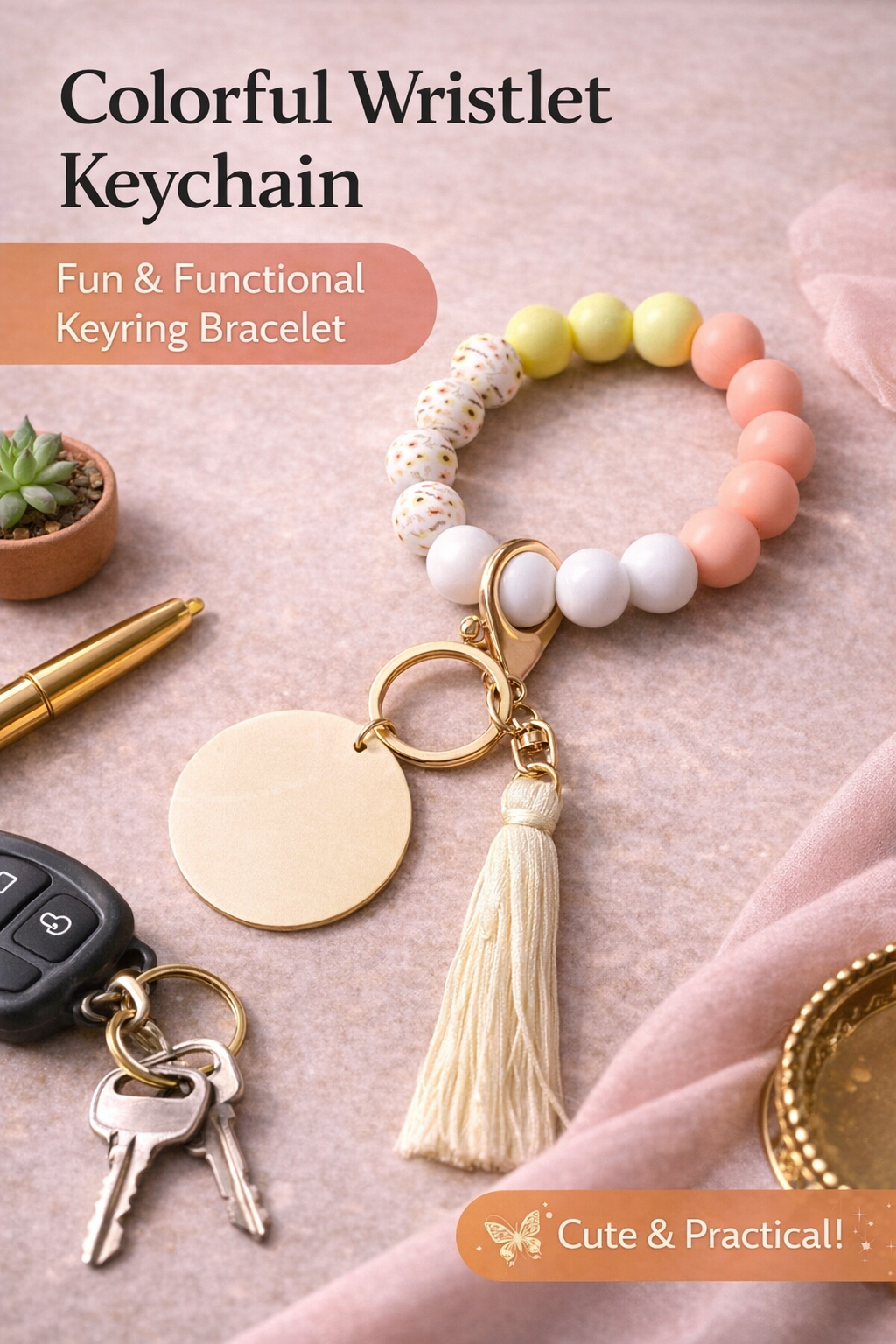 Daisy Beaded Keychain, Silicone Bracelet, Tassel, Pastel Keychain - Crimson and Lace LLC