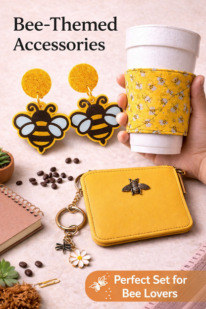 Bee Themed Accessories Set, Earrings, Cup Sleeve, Wallet - Crimson and Lace LLC