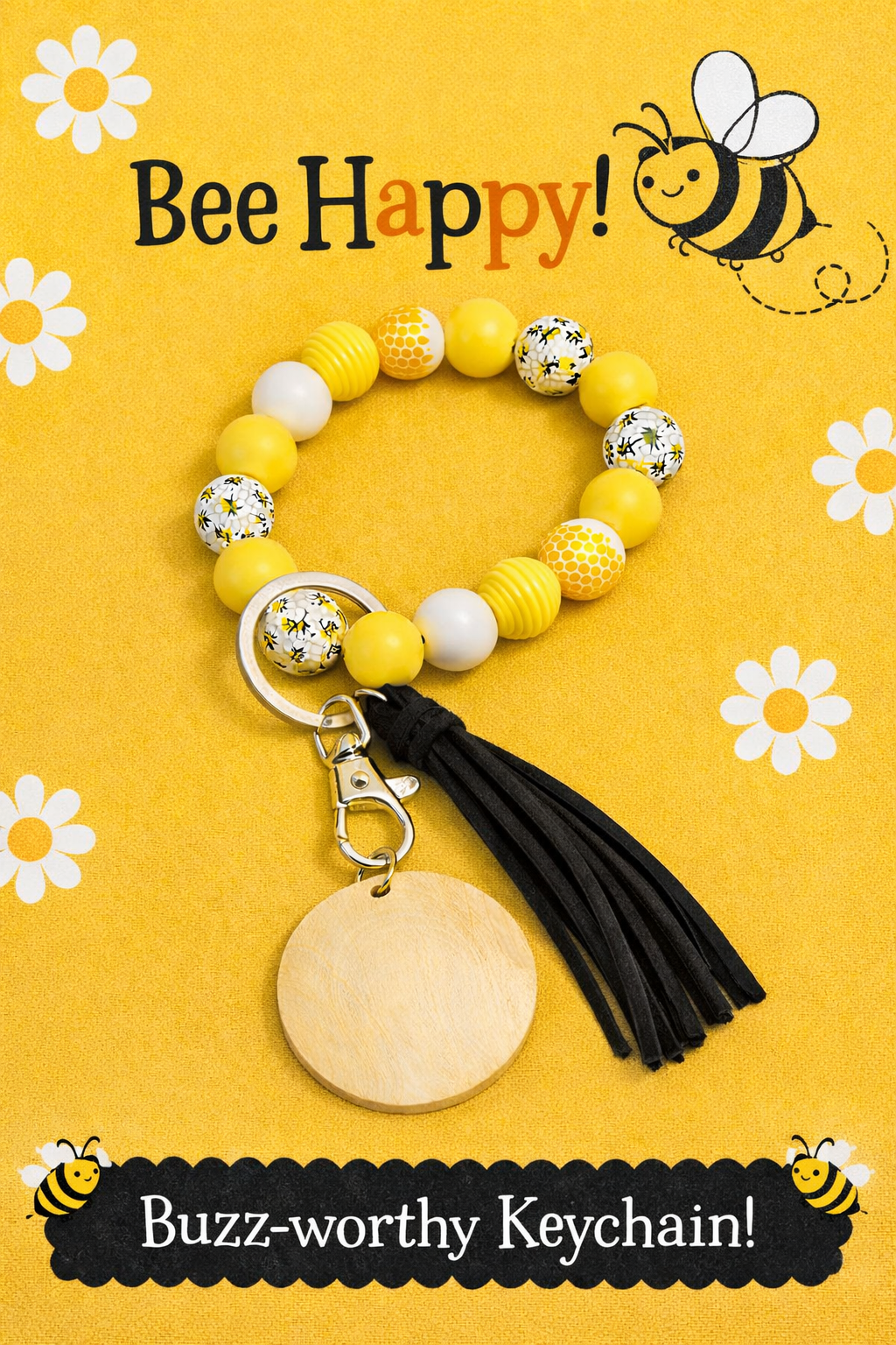 Bee Themed Keychain Bracelet | Wooden Beads Wristlet | Honeycomb Keyring | Bee Happy Gift for Her - Crimson and Lace LLC
