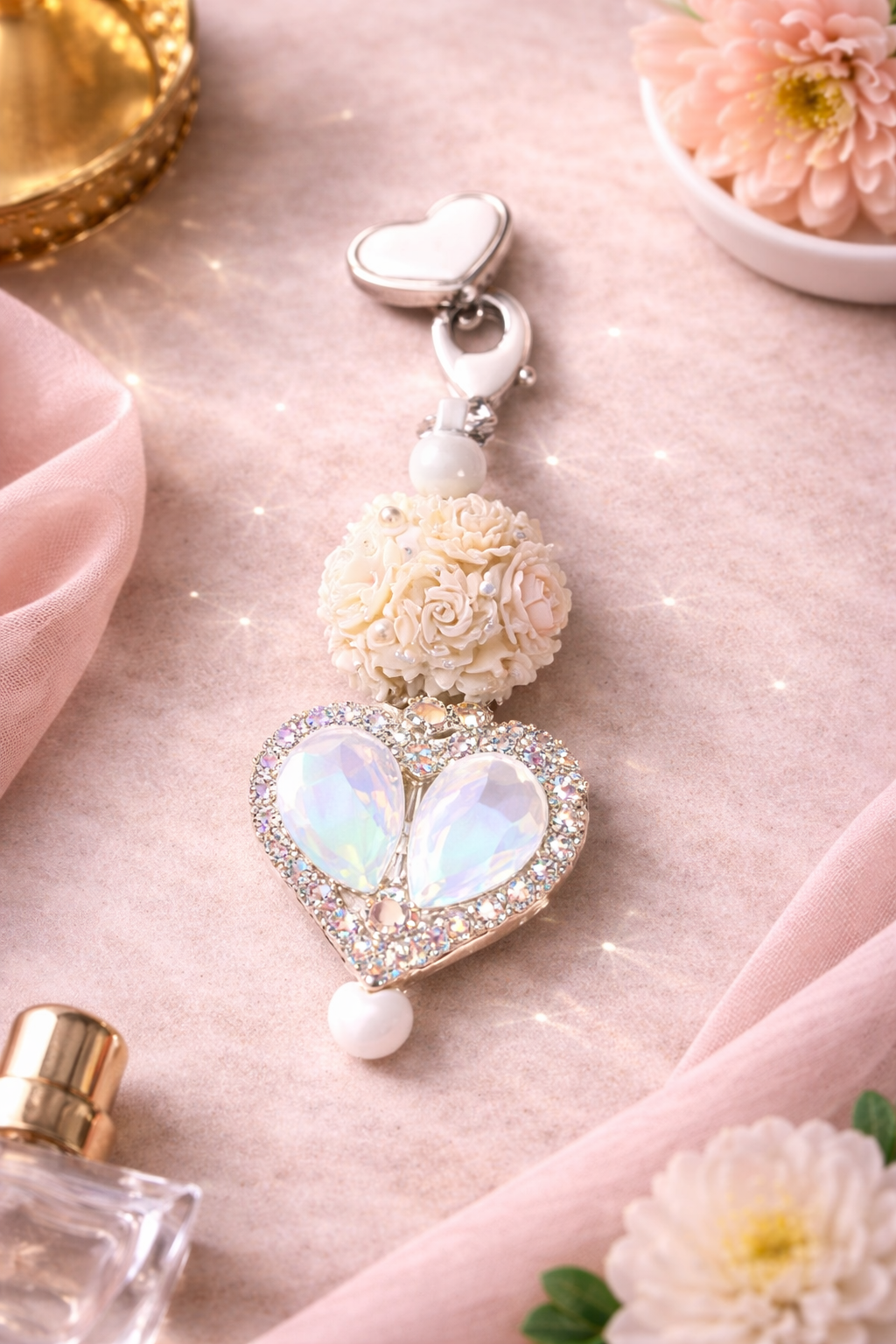Rhinestone Heart Keychain, Bling Heart, Floral Bead, Purse Charm, Sparkly Gift - Crimson and Lace LLC
