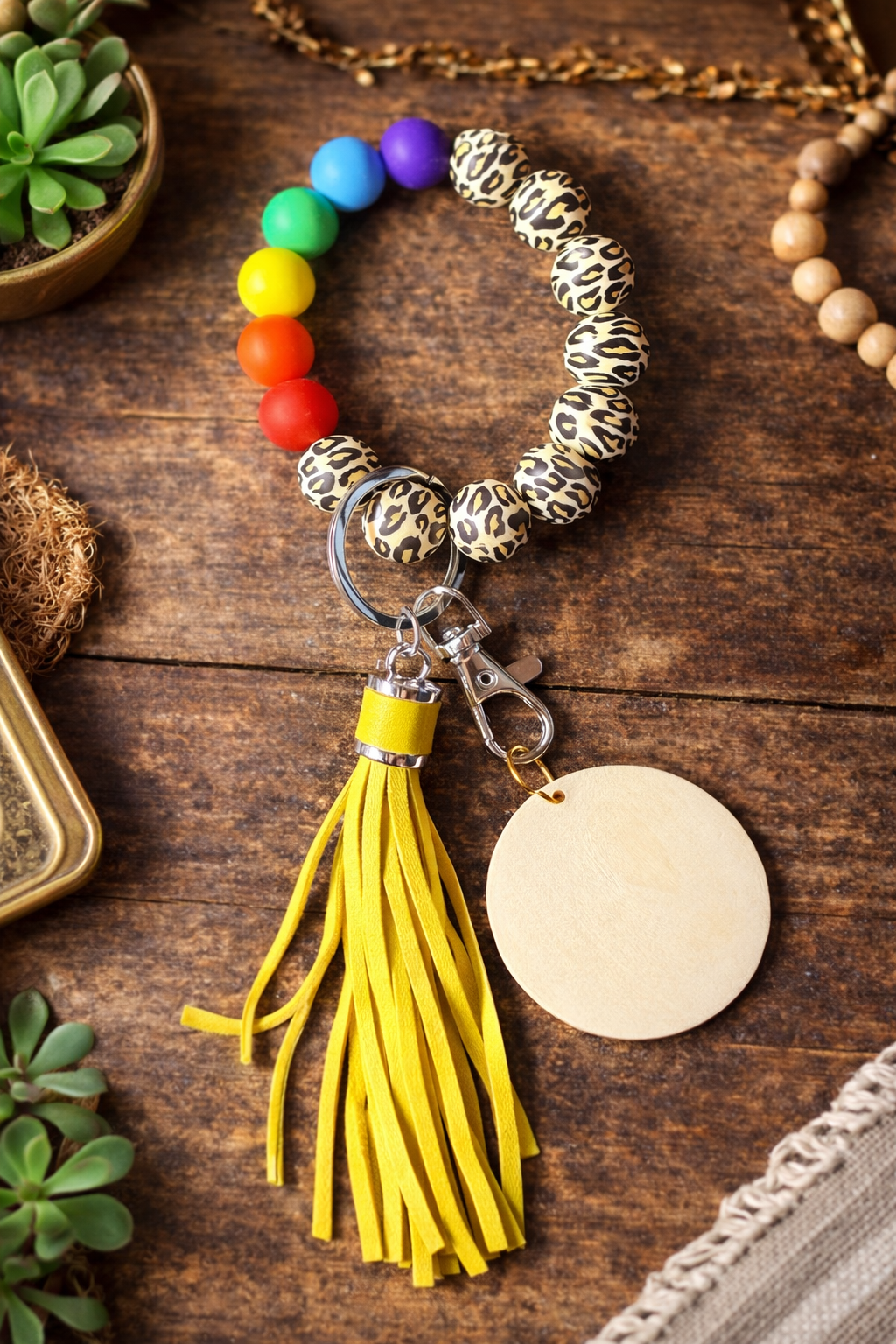 Rainbow Leopard Beaded Wristlet Keychain, Silicone Keychain Bracelet, Tassel Key Ring, Personalized Wooden Tag - Crimson and Lace LLC