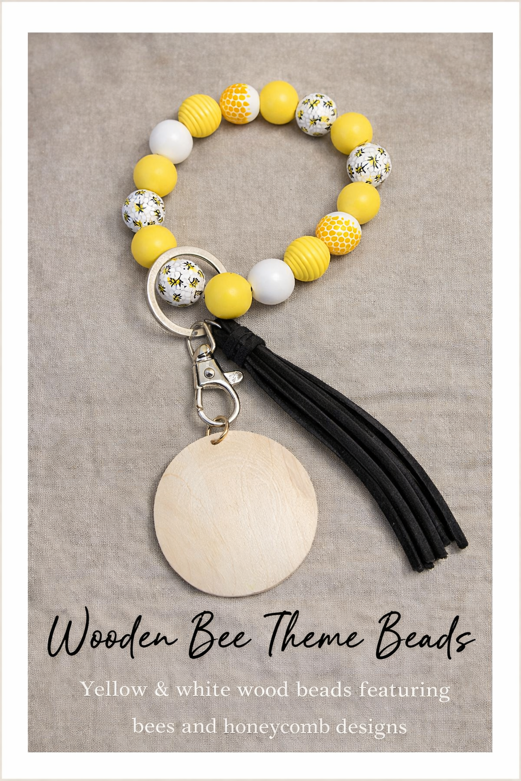 Bee Themed Keychain Bracelet | Wooden Beads Wristlet | Honeycomb Keyring | Bee Happy Gift for Her - Crimson and Lace LLC