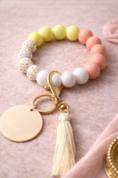 Daisy Beaded Keychain, Silicone Bracelet, Tassel, Pastel Keychain - Crimson and Lace LLC