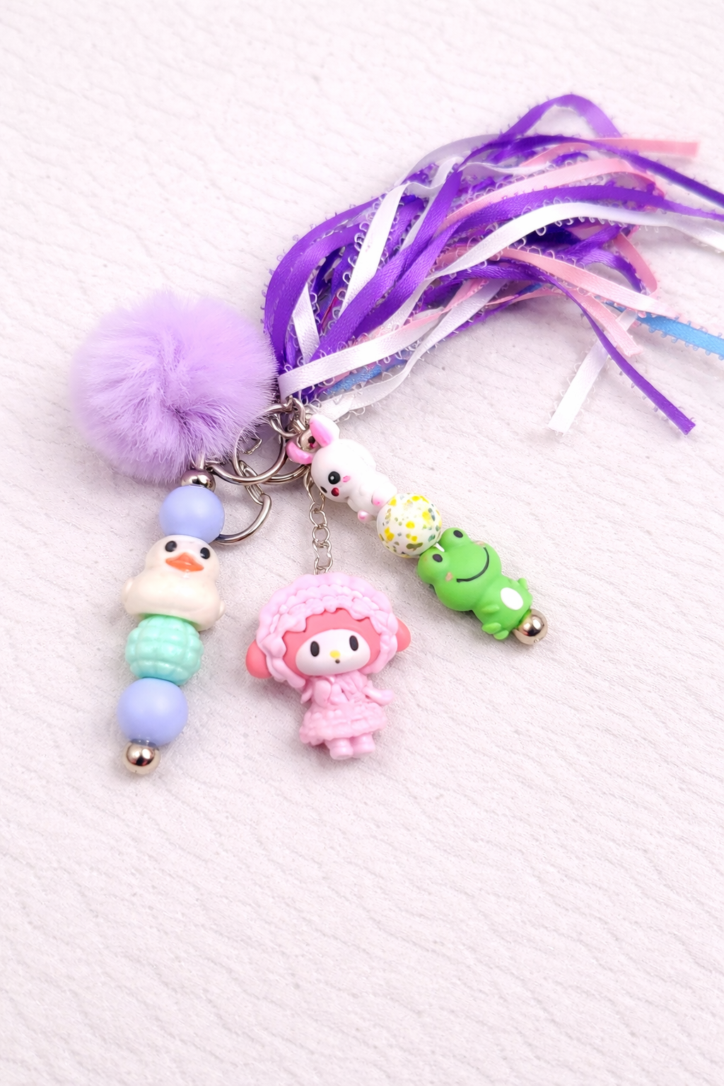 Spring Keychain, Ribbon Keyring, Pom Charm, Handmade Beaded Gift - Crimson and Lace LLC