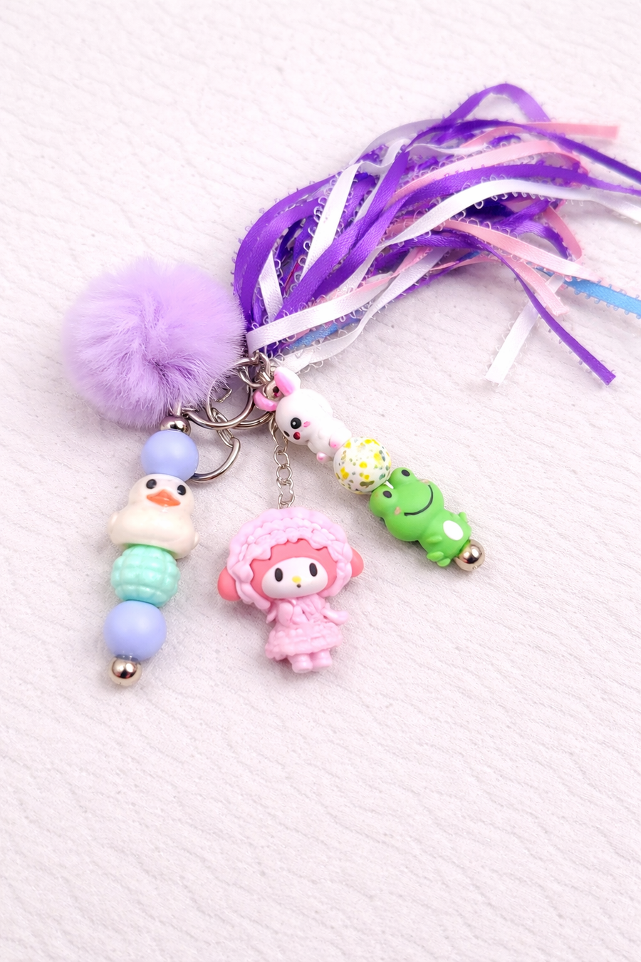 Spring Keychain, Ribbon Keyring, Pom Charm, Handmade Beaded Gift