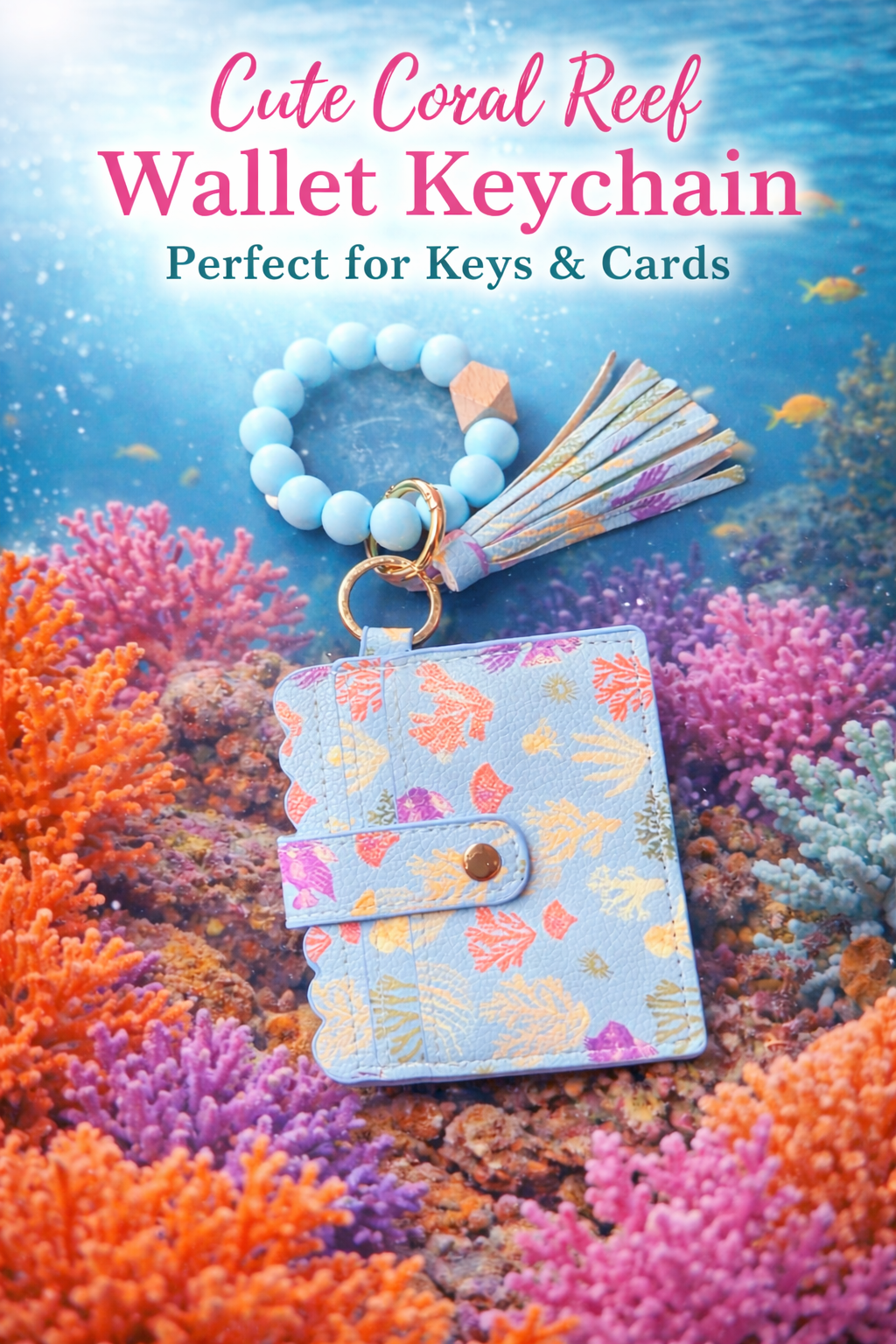 Coral Reef Wallet Keychain Bracelet – Blue Ocean Card Holder with Tassel - Crimson and Lace LLC