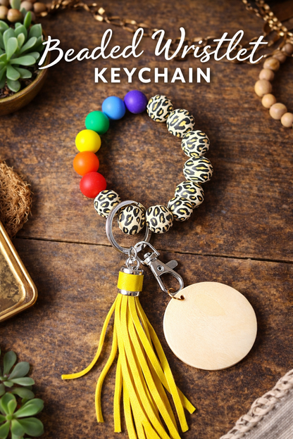 Rainbow Leopard Beaded Wristlet Keychain, Silicone Keychain Bracelet, Tassel Key Ring, Personalized Wooden Tag - Crimson and Lace LLC