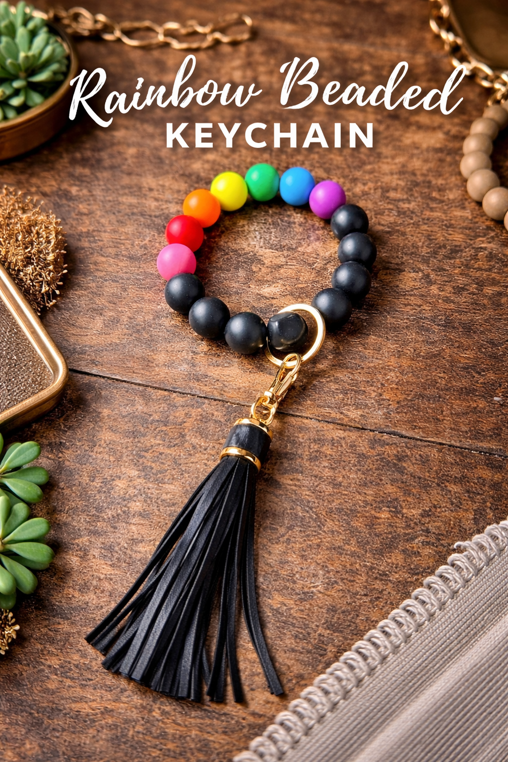 Black Rainbow Beaded Wristlet Keychain, Silicone Bracelet Keychain with Tassel, Gift for Her - Crimson and Lace LLC