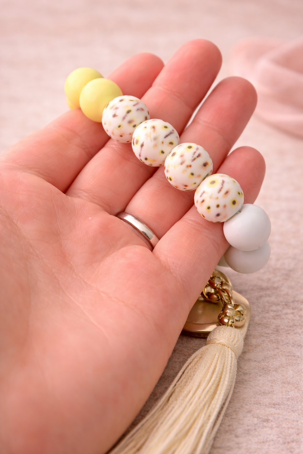 Daisy Beaded Keychain, Silicone Bracelet, Tassel, Pastel Keychain - Crimson and Lace LLC