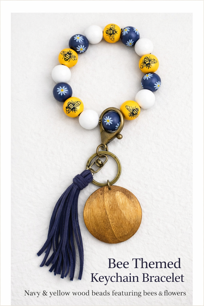 Bee and Flower Keychain Bracelet | Navy Yellow Wooden Beads | Floral Bee Keyring - Crimson and Lace LLC