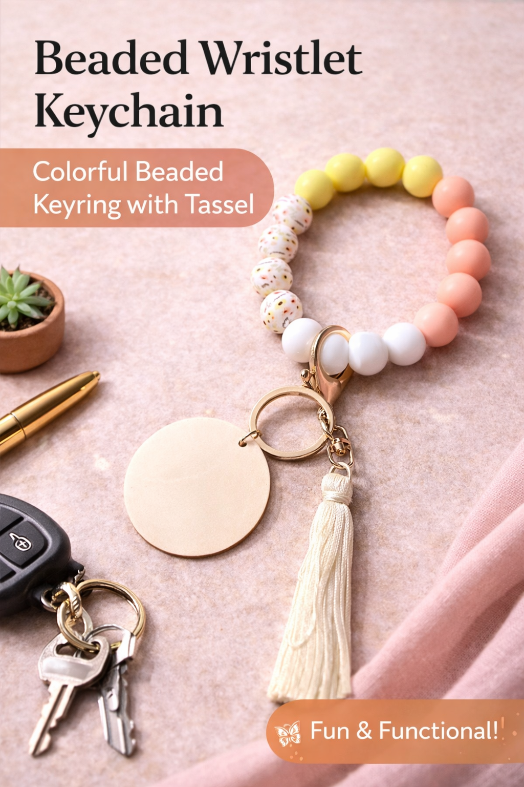 Daisy Beaded Keychain, Silicone Bracelet, Tassel, Pastel Keychain - Crimson and Lace LLC