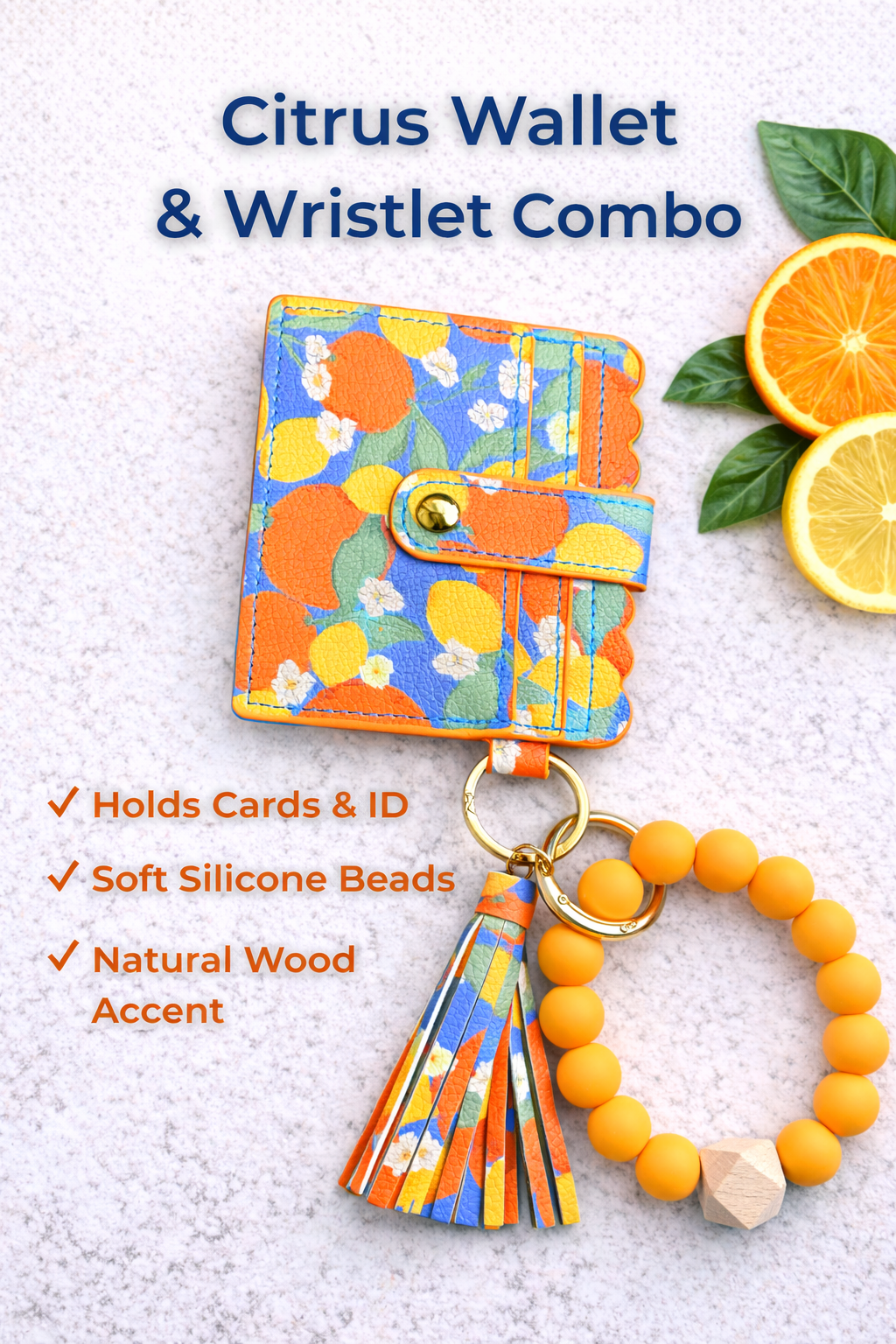 Citrus Wallet Keychain Set – Lemon Orange Card Holder with Tassel - Crimson and Lace LLC