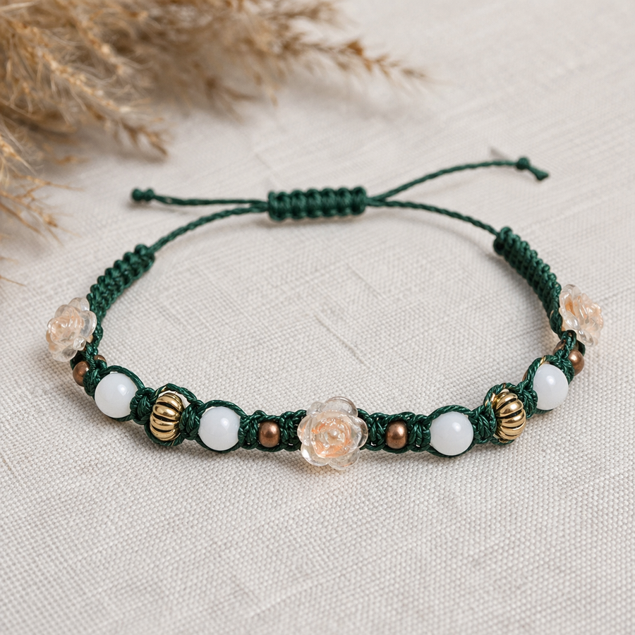 Hunter Green Macrame Bracelet with Rose Charm, Adjustable and Handmade