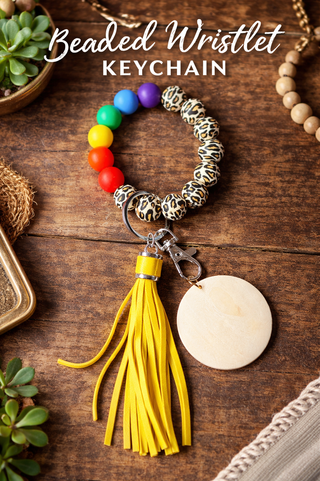 Rainbow Leopard Beaded Wristlet Keychain, Silicone Keychain Bracelet, Tassel Key Ring, Personalized Wooden Tag - Crimson and Lace LLC