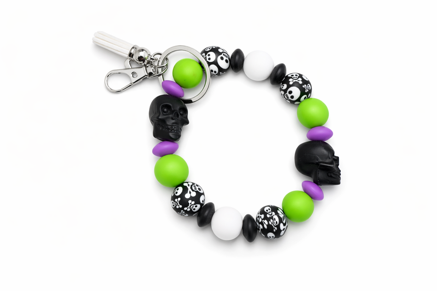 Halloween Skull Wristlet – Stretch Bracelet – Neon Green Purple Black Accessory – Spooky Gift