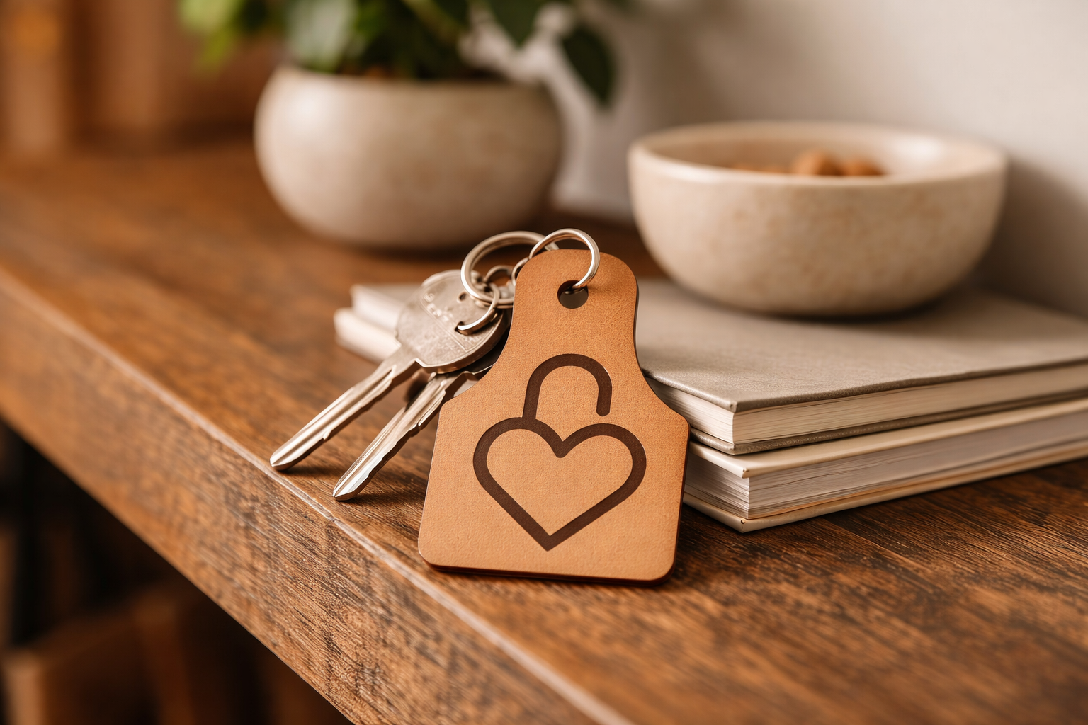 Keychain with heart-shaped tag on a wooden surface with books and a plant in the background