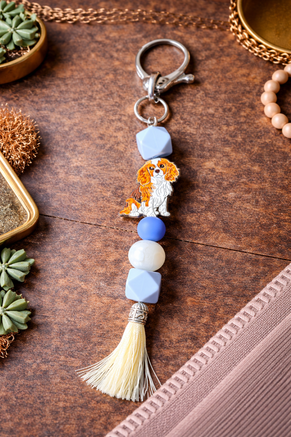 Spaniel Keychain, Dog Lover, Beaded Tassel Keychain, Puppy Charm - Crimson and Lace LLC