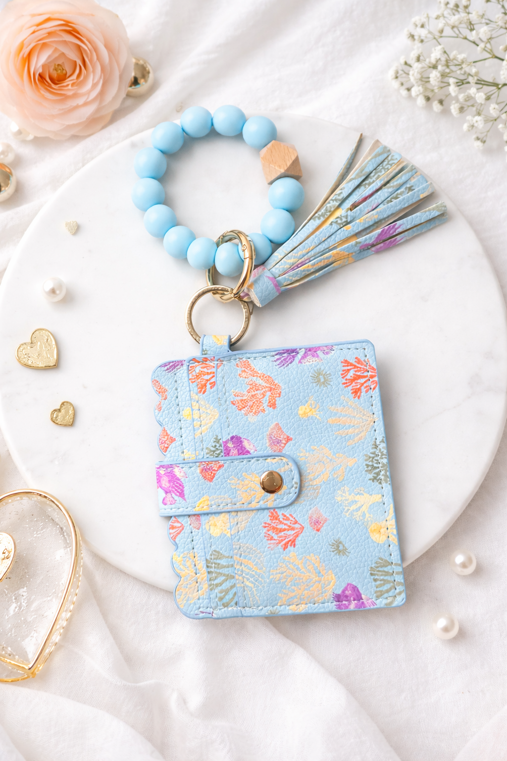 Coral Reef Wallet Keychain Bracelet – Blue Ocean Card Holder with Tassel - Crimson and Lace LLC