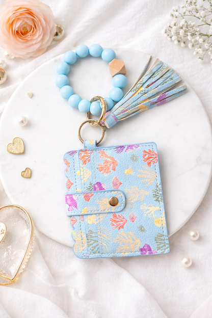 Coral Reef Wallet Keychain Bracelet – Blue Ocean Card Holder with Tassel - Crimson and Lace LLC