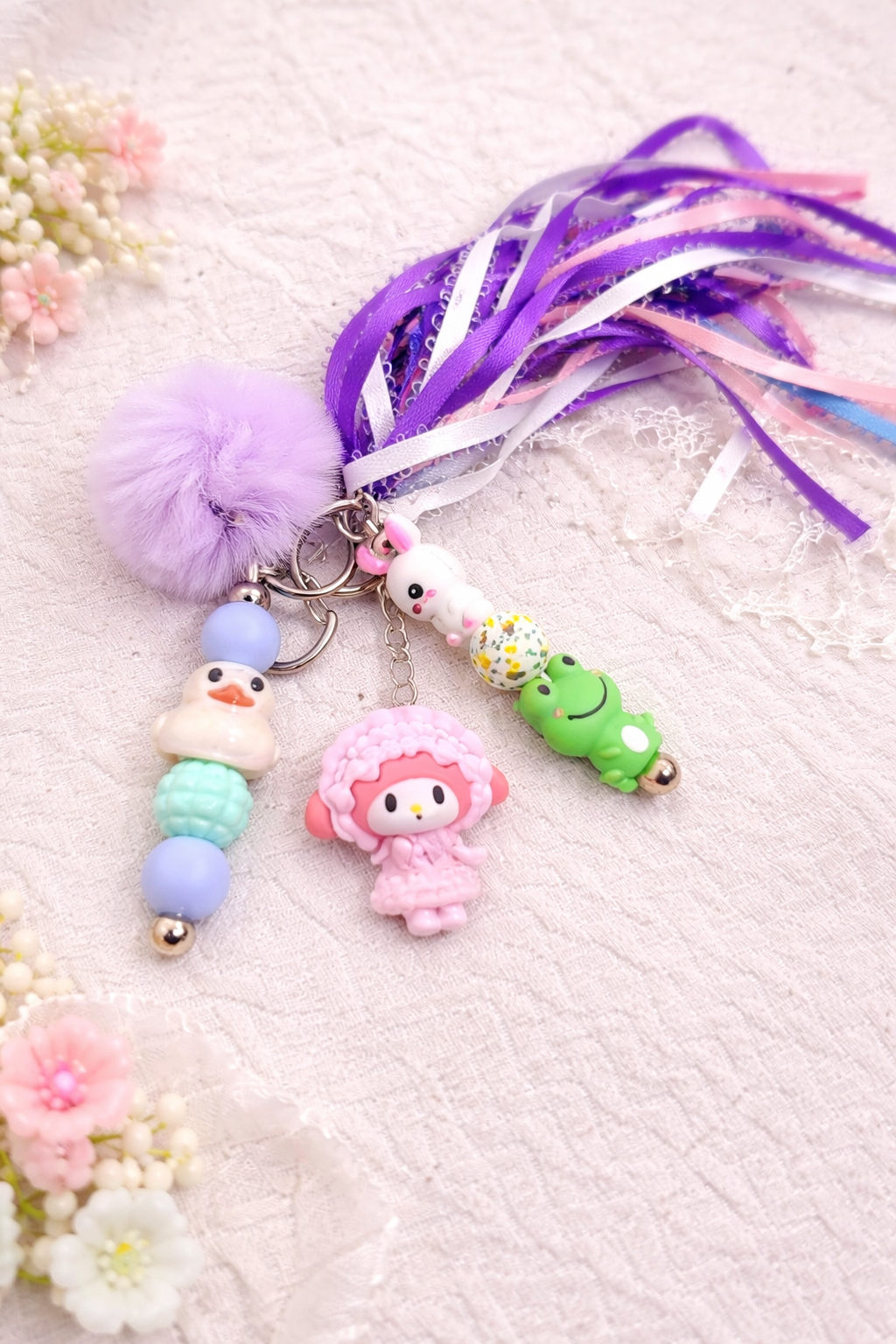Spring Keychain, Ribbon Keyring, Pom Charm, Handmade Beaded Gift - Crimson and Lace LLC