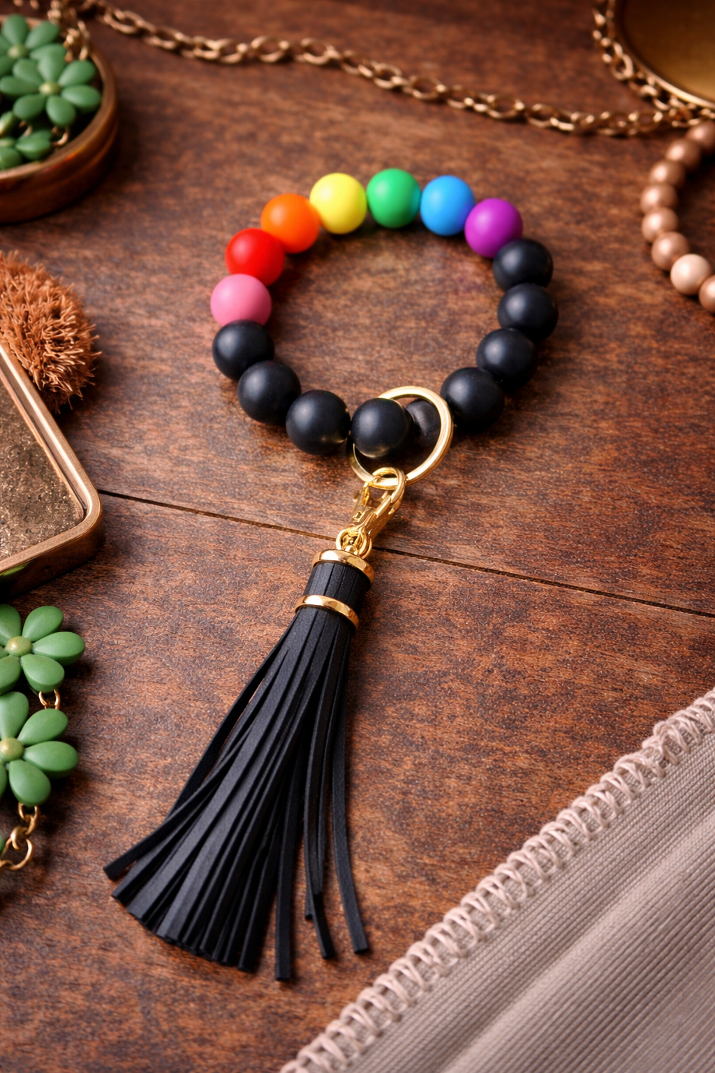 Black Rainbow Beaded Wristlet Keychain, Silicone Bracelet Keychain with Tassel, Gift for Her - Crimson and Lace LLC