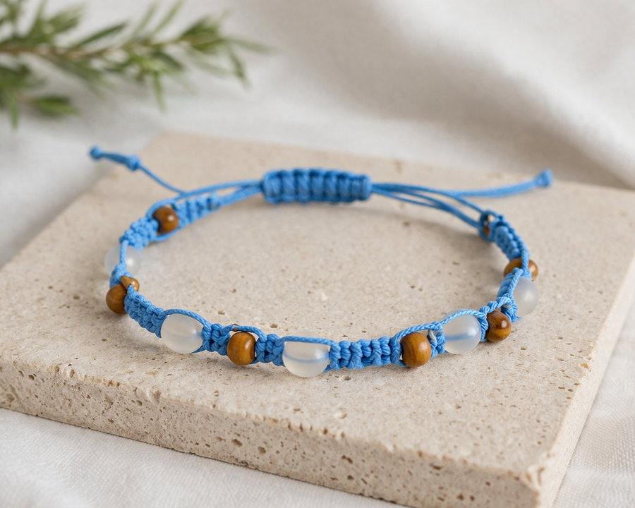 Blue Macrame with Beads, Adjustable Handmade Bracelet, Boho, Minimalist Jewelry