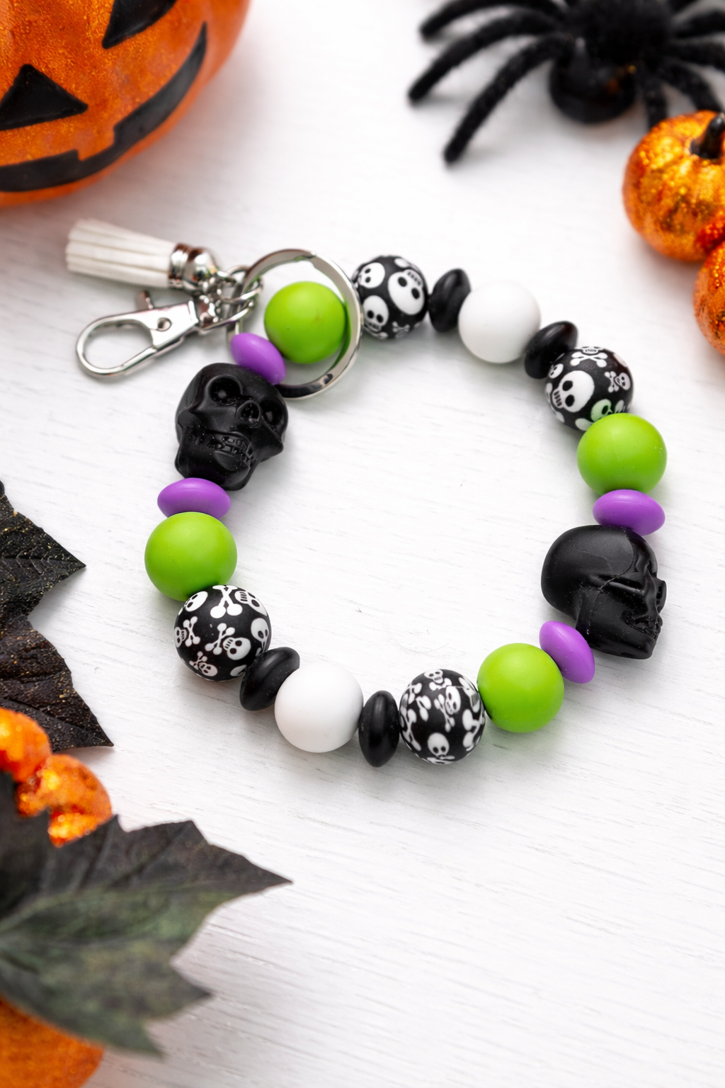 Halloween Skull Wristlet – Stretch Bracelet – Neon Green Purple Black Accessory – Spooky Gift - Crimson and Lace LLC