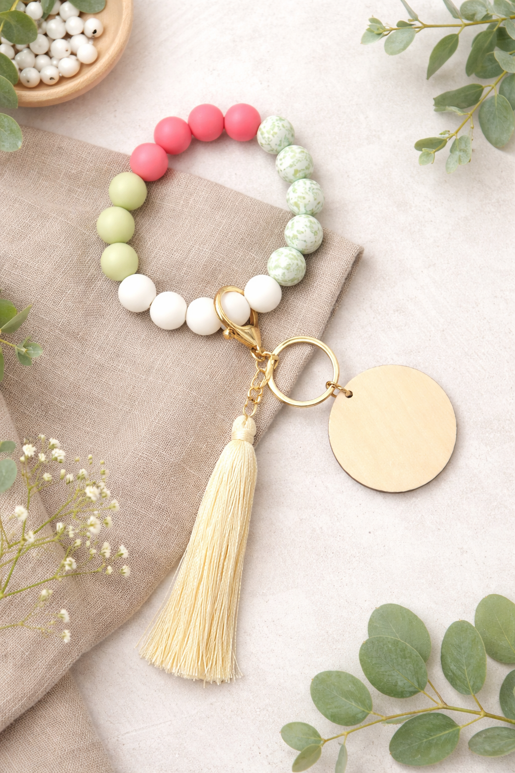 Botanical Leaf Beaded Wristlet Keychain | Floral Silicone Beads - Crimson and Lace LLC