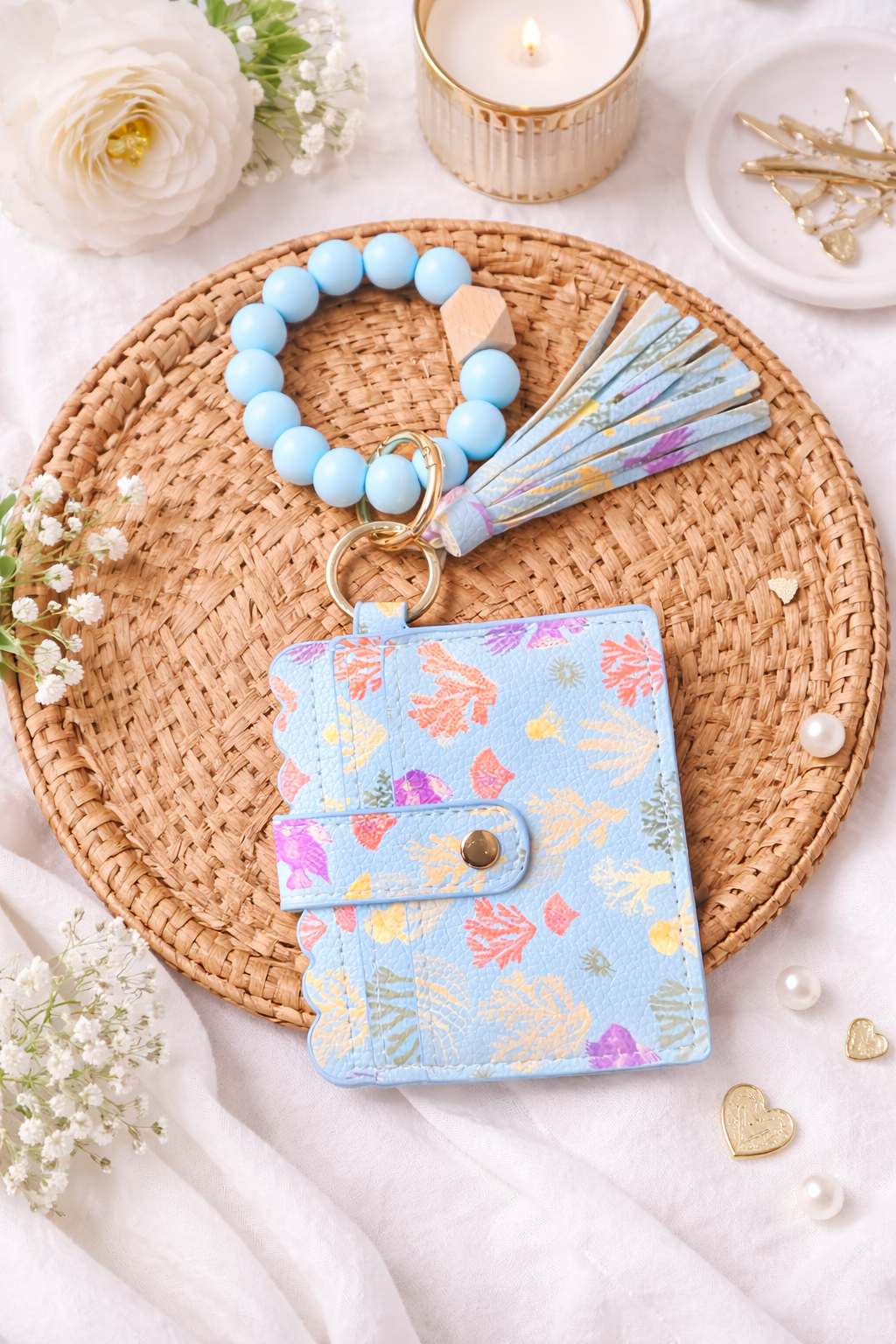 Coral Reef Wallet Keychain Bracelet – Blue Ocean Card Holder with Tassel - Crimson and Lace LLC