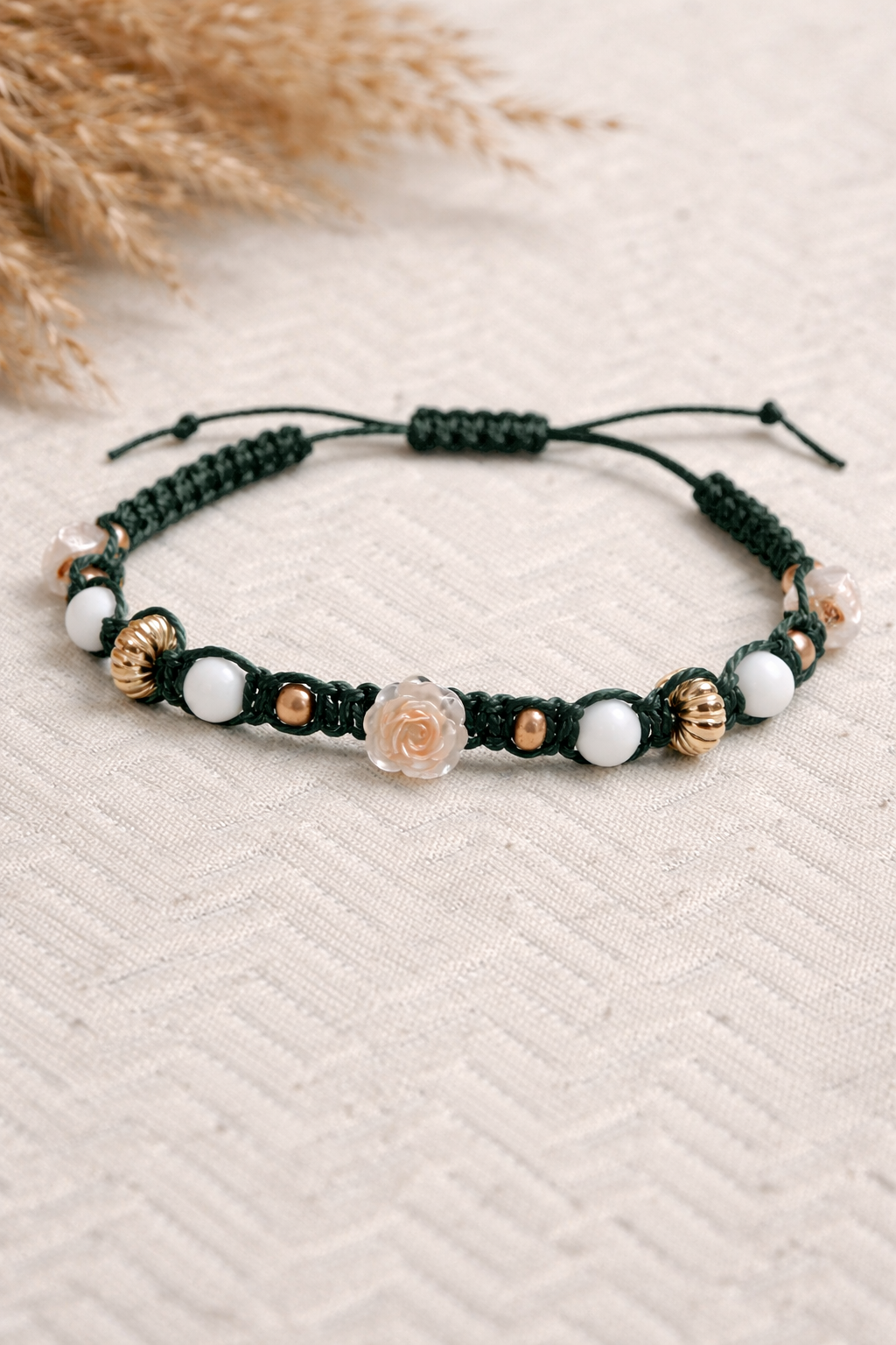 Hunter Green Macrame Bracelet with Rose Charm, Adjustable and Handmade - Crimson and Lace LLC