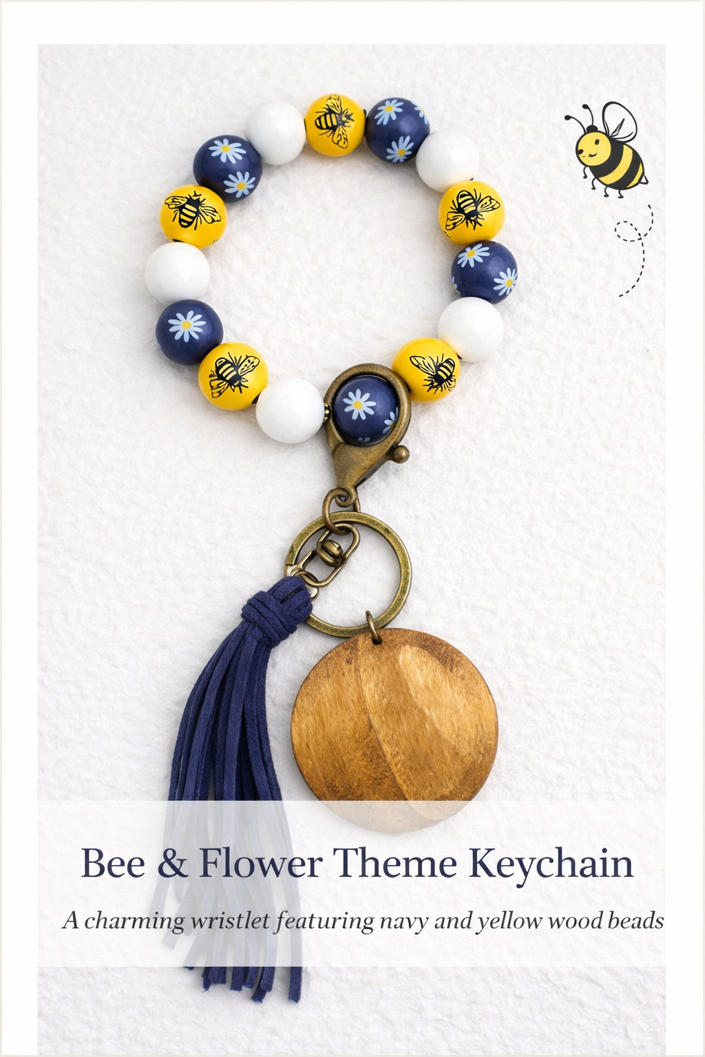 Bee and Flower Keychain Bracelet | Navy Yellow Wooden Beads | Floral Bee Keyring - Crimson and Lace LLC