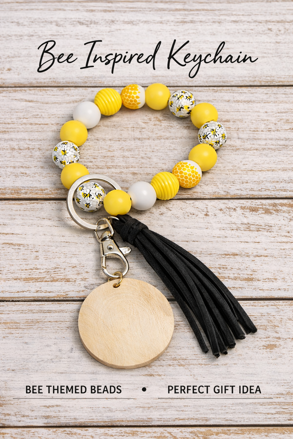 Bee Themed Keychain Bracelet | Wooden Beads Wristlet | Honeycomb Keyring | Bee Happy Gift for Her - Crimson and Lace LLC