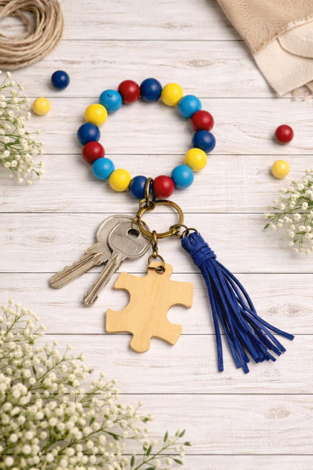 Autism Awareness Beaded Wristlet Keychain | Puzzle Piece Charm | Gift for Moms & Teachers - Crimson and Lace LLC
