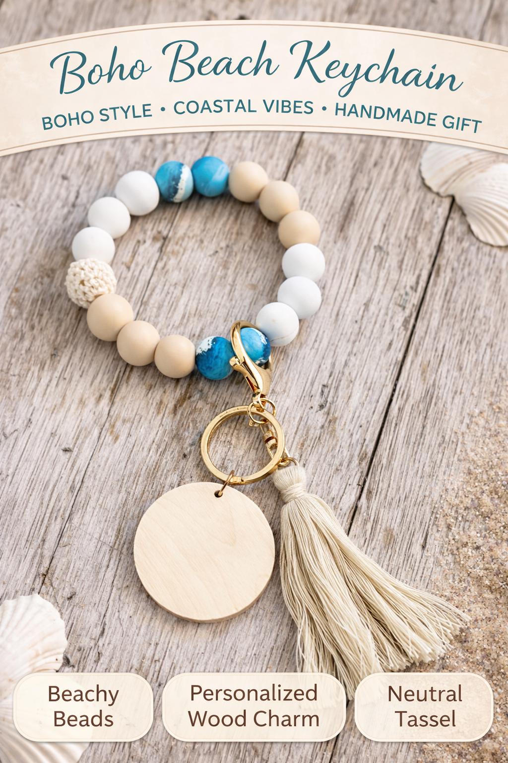 Floral Beach Beaded Key Ring with Tassel | Engraved Wood Charm | Gift for Her - Crimson and Lace LLC