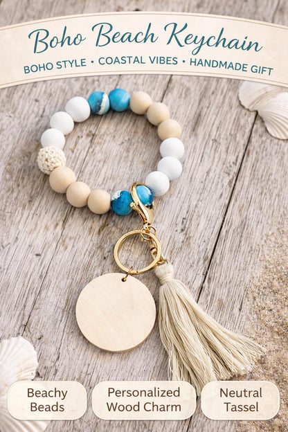 Floral Beach Beaded Key Ring with Tassel | Engraved Wood Charm | Gift for Her - Crimson and Lace LLC