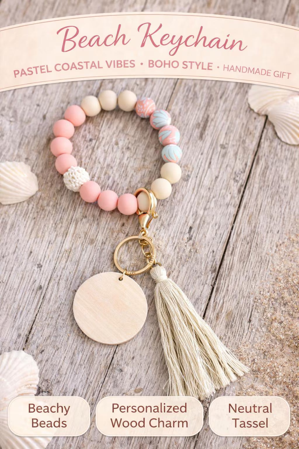 Floral Beach Beaded Key Ring with Tassel | Engraved Wood Charm | Gift for Her - Crimson and Lace LLC