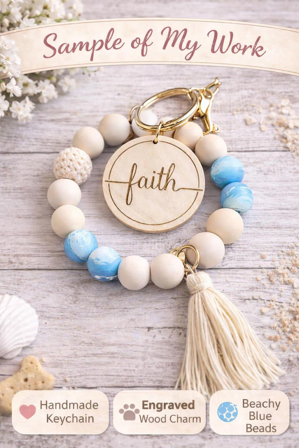 Floral Beach Beaded Key Ring with Tassel | Engraved Wood Charm | Gift for Her - Crimson and Lace LLC