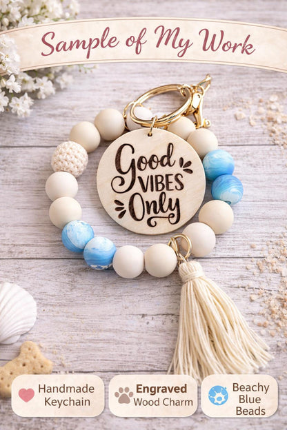 Floral Beach Beaded Key Ring with Tassel | Engraved Wood Charm | Gift for Her - Crimson and Lace LLC
