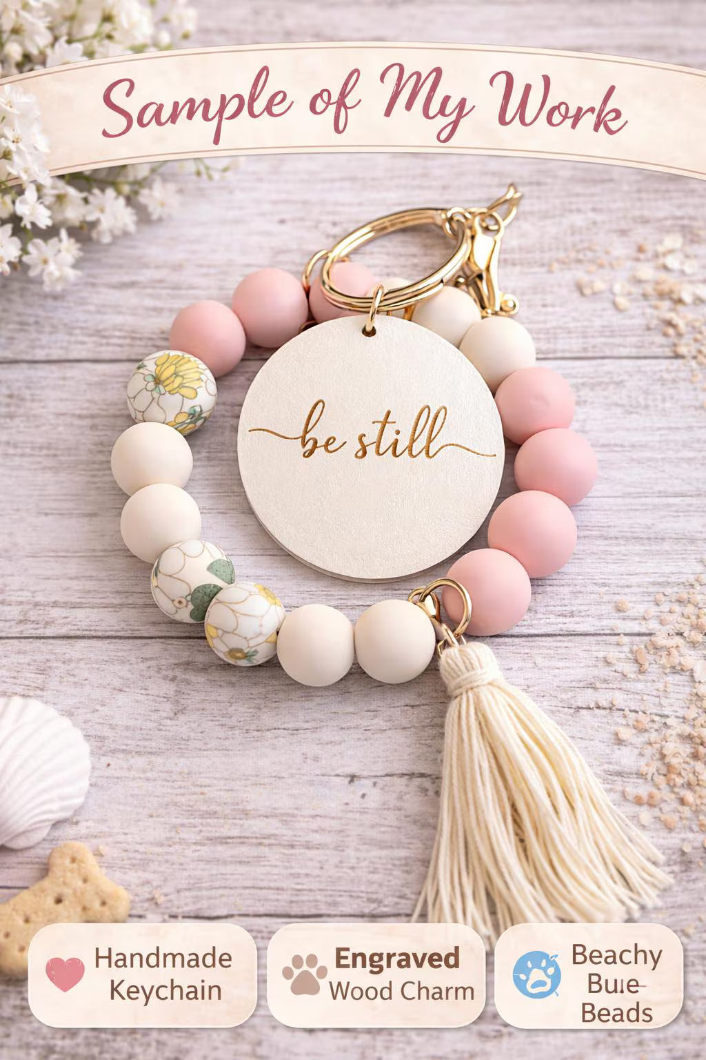 Floral Beach Beaded Key Ring with Tassel | Engraved Wood Charm | Gift for Her - Crimson and Lace LLC