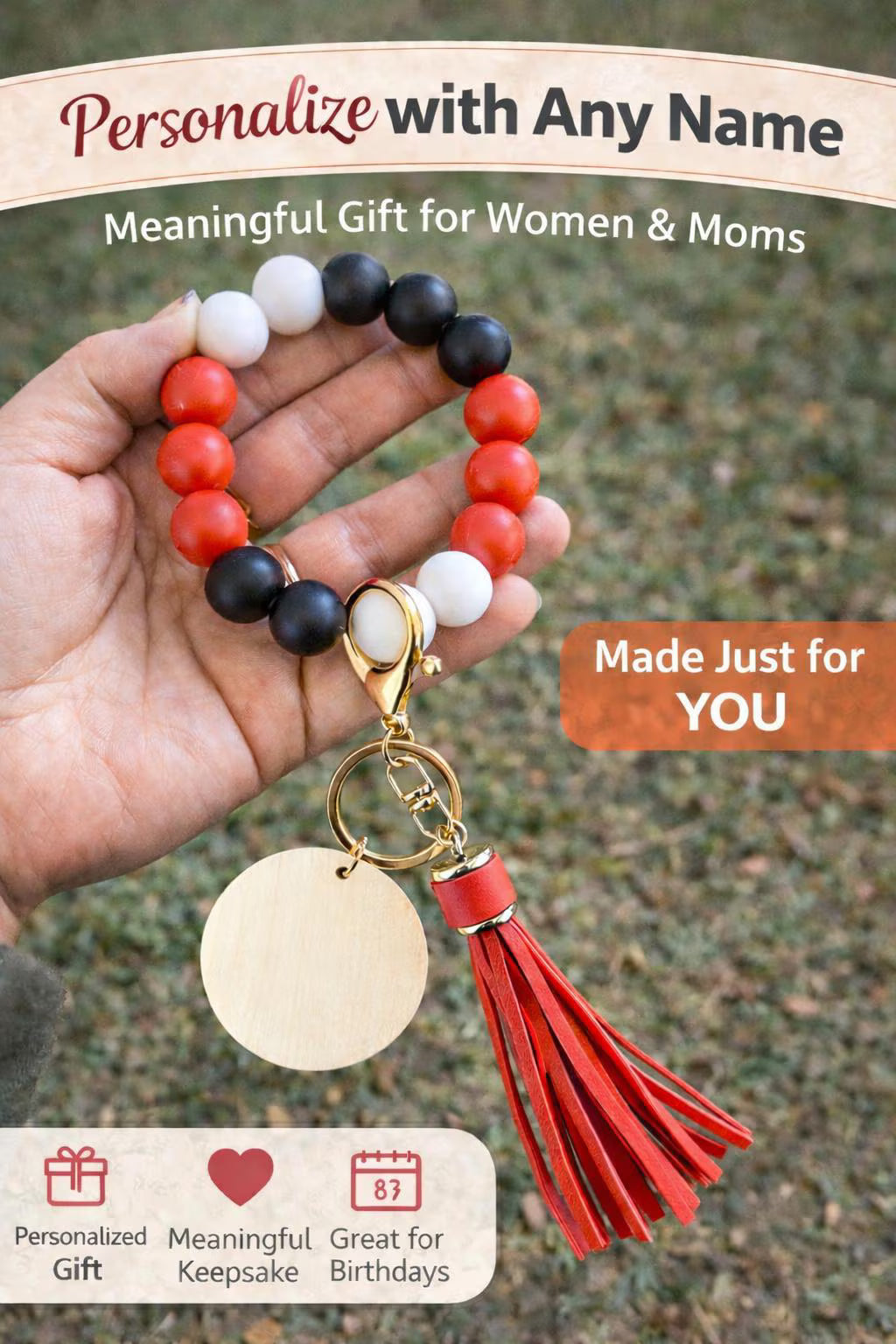 Personalized Beaded Wristlet Keychain | Red Black White Key Ring with Tassel | Custom Wood Charm - Crimson and Lace LLC