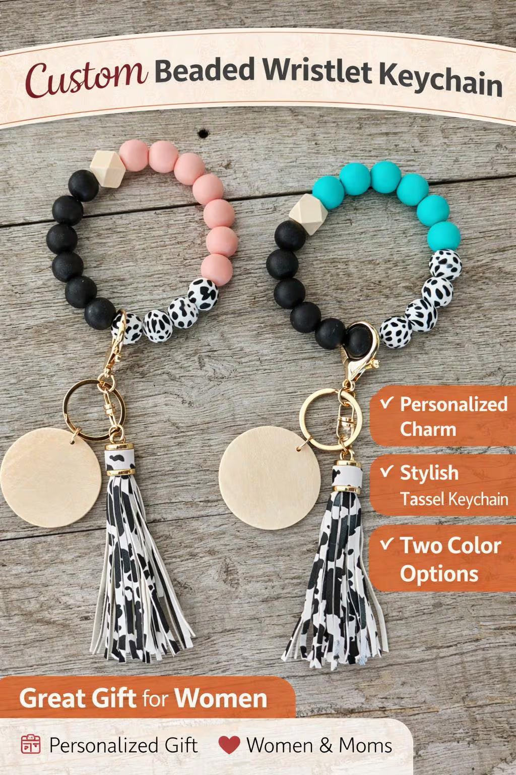 Personalized Beaded Wristlet Keychain | Cow Print Tassel Key Ring | Custom Wood Charm - Crimson and Lace LLC