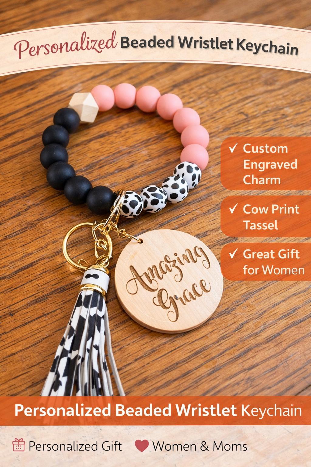 Personalized Beaded Wristlet Keychain | Cow Print Tassel Key Ring | Custom Wood Charm - Crimson and Lace LLC